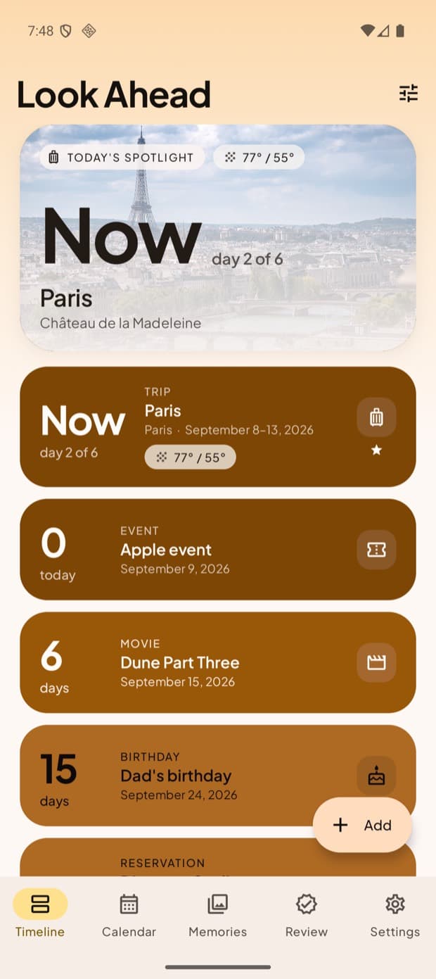 Timeline — Sunrise theme. Colour encodes time: near events saturated, far ones pale.