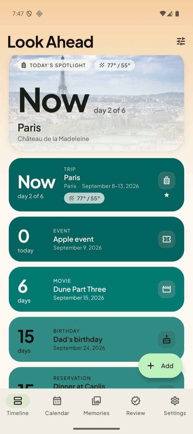 Forest — one of five themes, each driving the whole app.