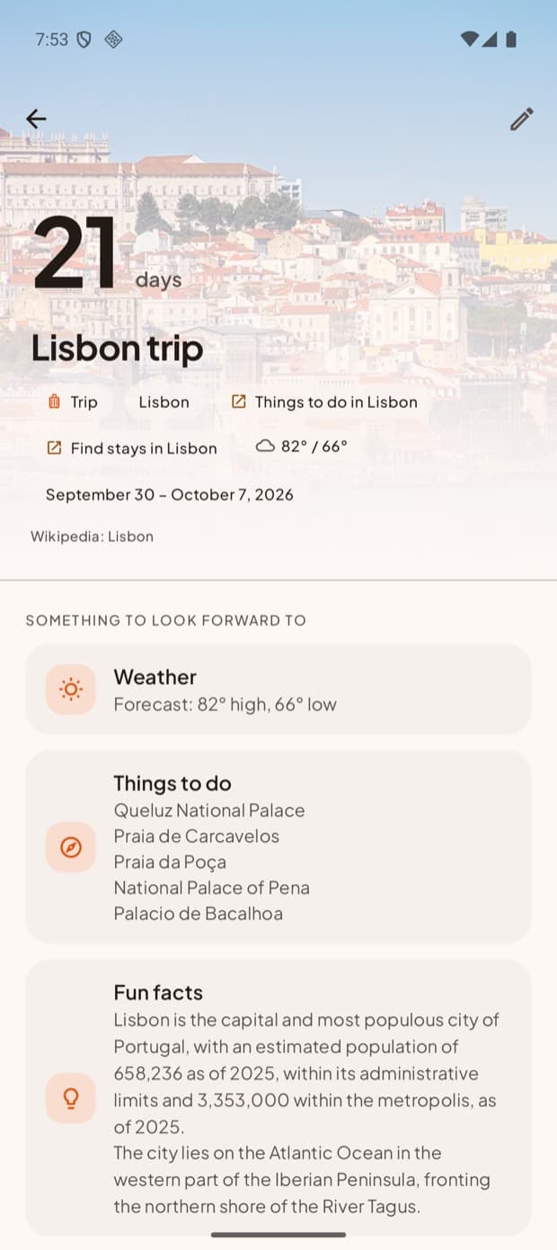 Trip detail, with weather and things to do from non-personal lookups.