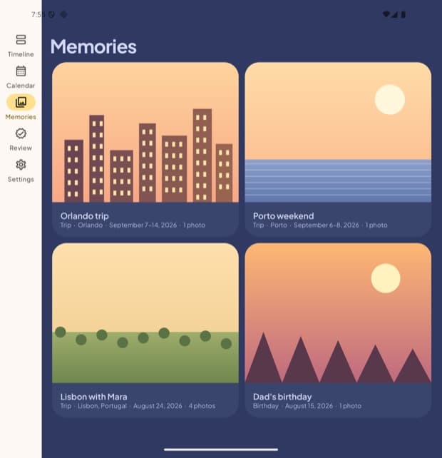 Memories — past events kept and photographed, not deleted.